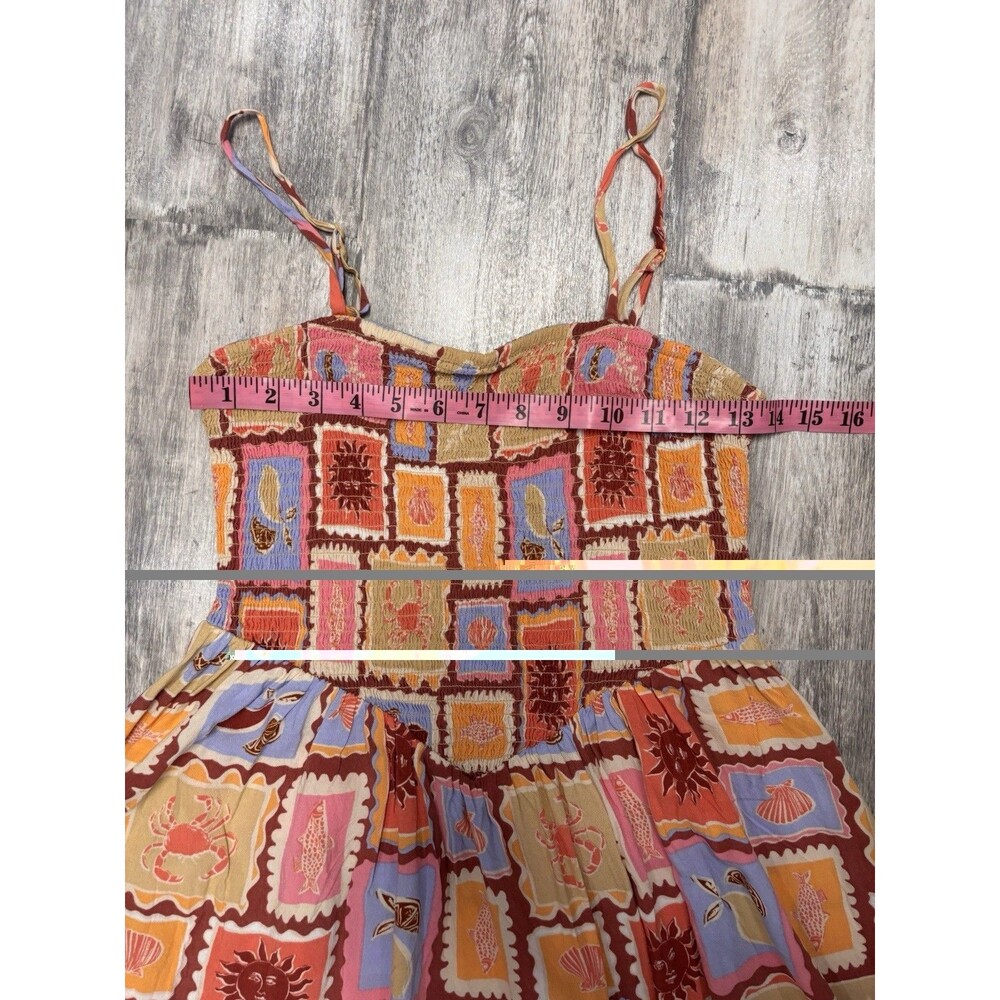 Mediterranean Coastal Smocked Midi Sundress Citrus Sun Novelty Print Dress S - Picture 9 of 11
